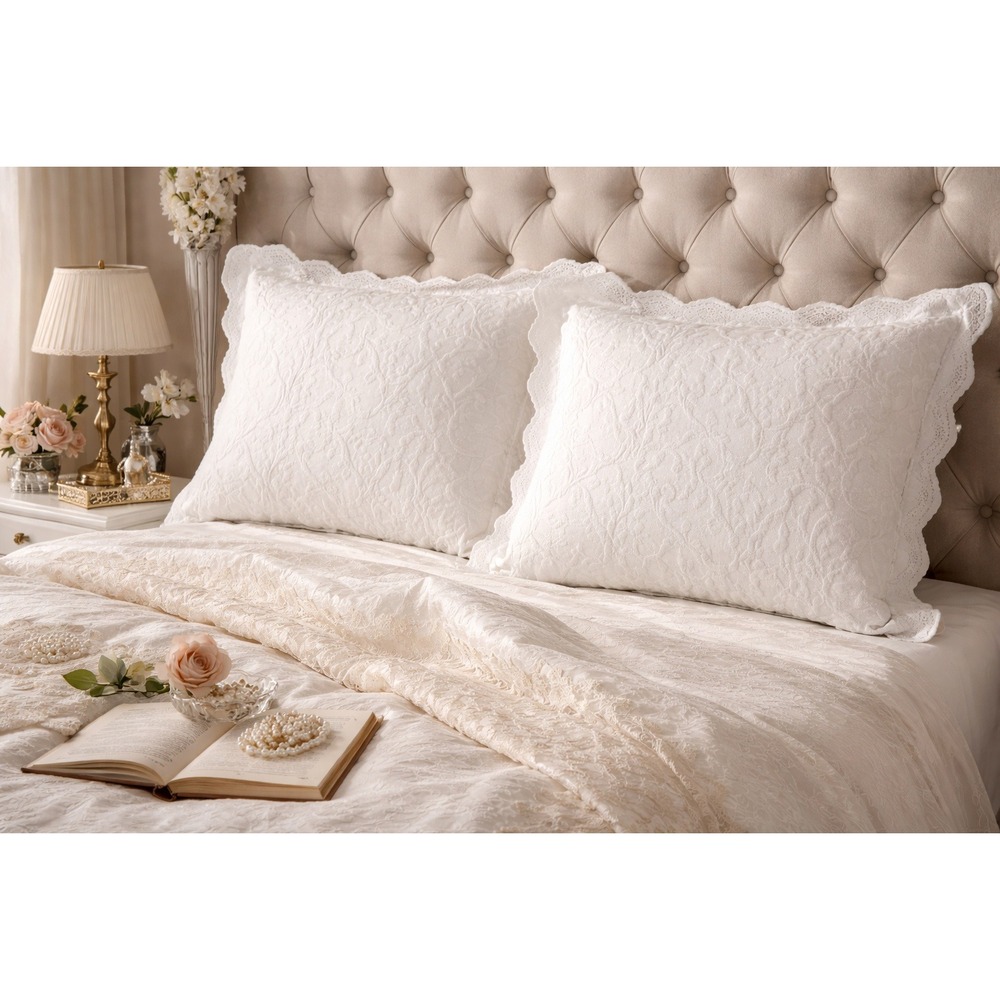 "New Traditions" White Matelasse Floral Scalloped Pillow Shams Set of 2 Portugal